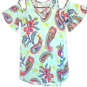Womens Sz S Green Paisley Criss Cross V-neck  Fairy Feminine Bell Sleeve Blouse